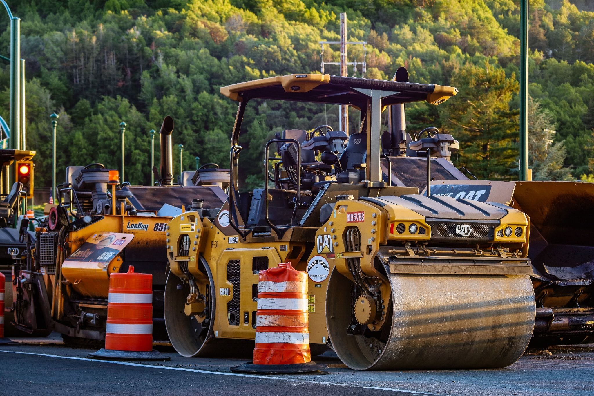 Construction equipment working on a residential street