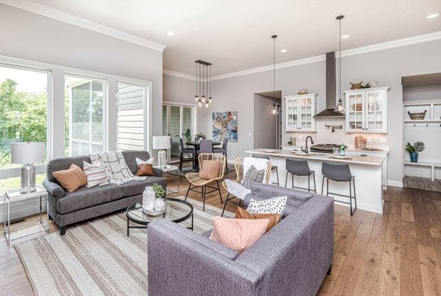 Bright open-plan living room and kitchen in a San Carlos rental home
